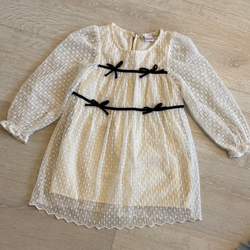 Zara Cream Lace Dress with Black Ribbon Bows
